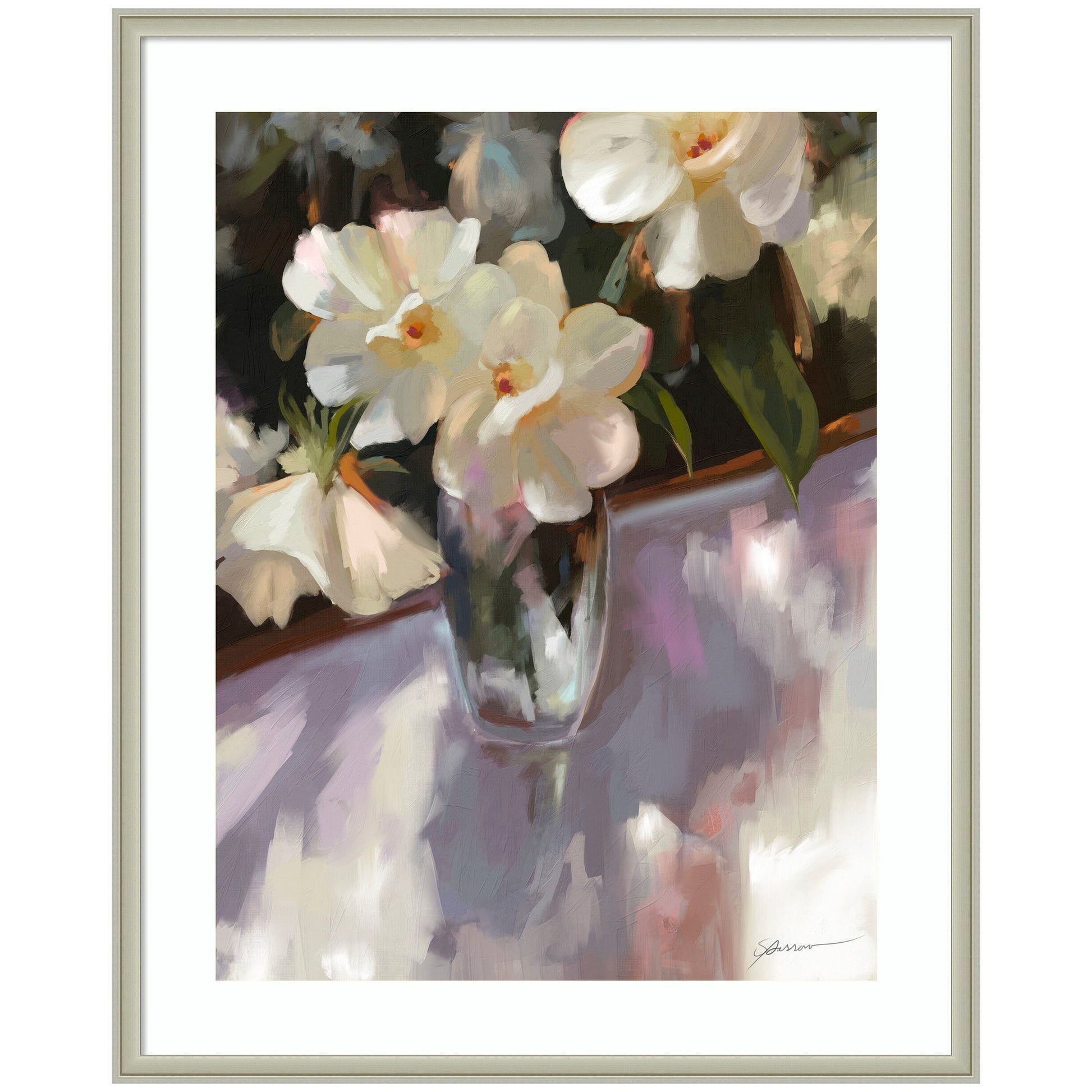 Framed artwork of white flowers in a glass vase on a reflective surface.