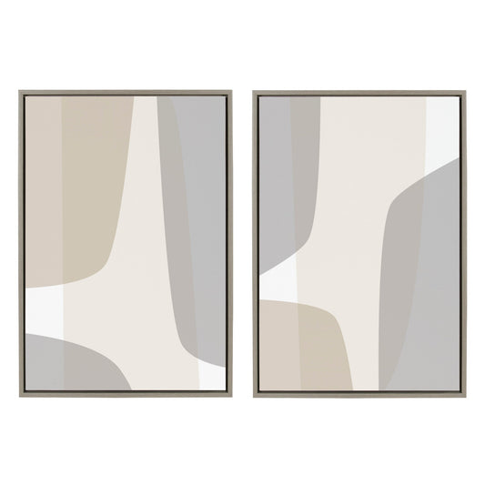 Two abstract art pieces with geometric shapes in neutral colors on a white background