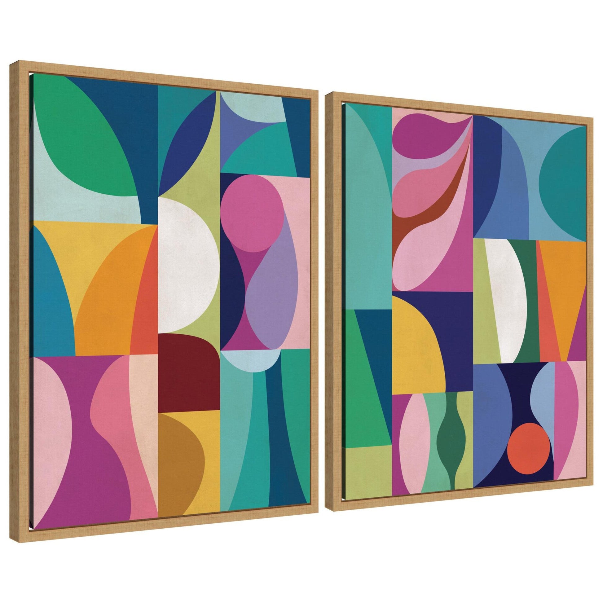 Two abstract art pieces with colorful geometric shapes in wooden frames on a white background.