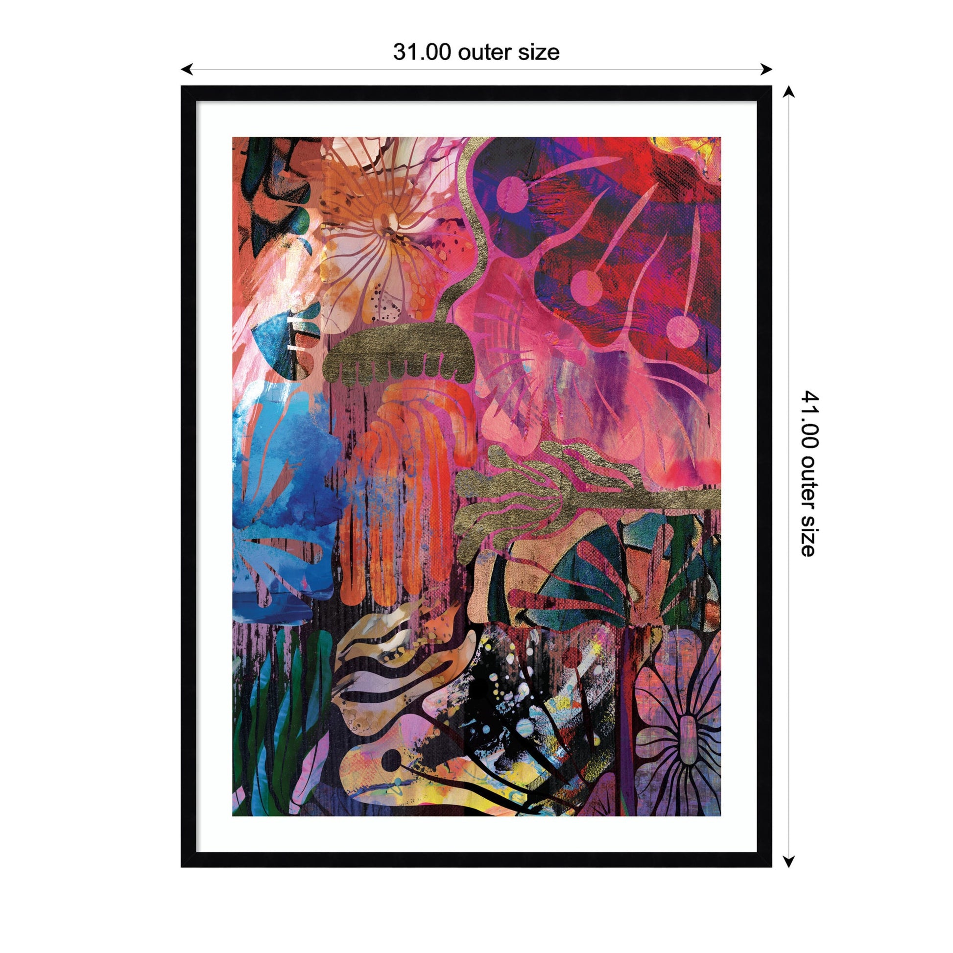 Colorful abstract artwork with dimensions displayed
