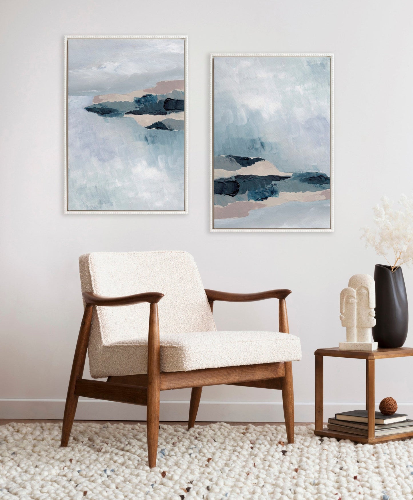 Modern armchair with abstract wall art in a minimalistic room