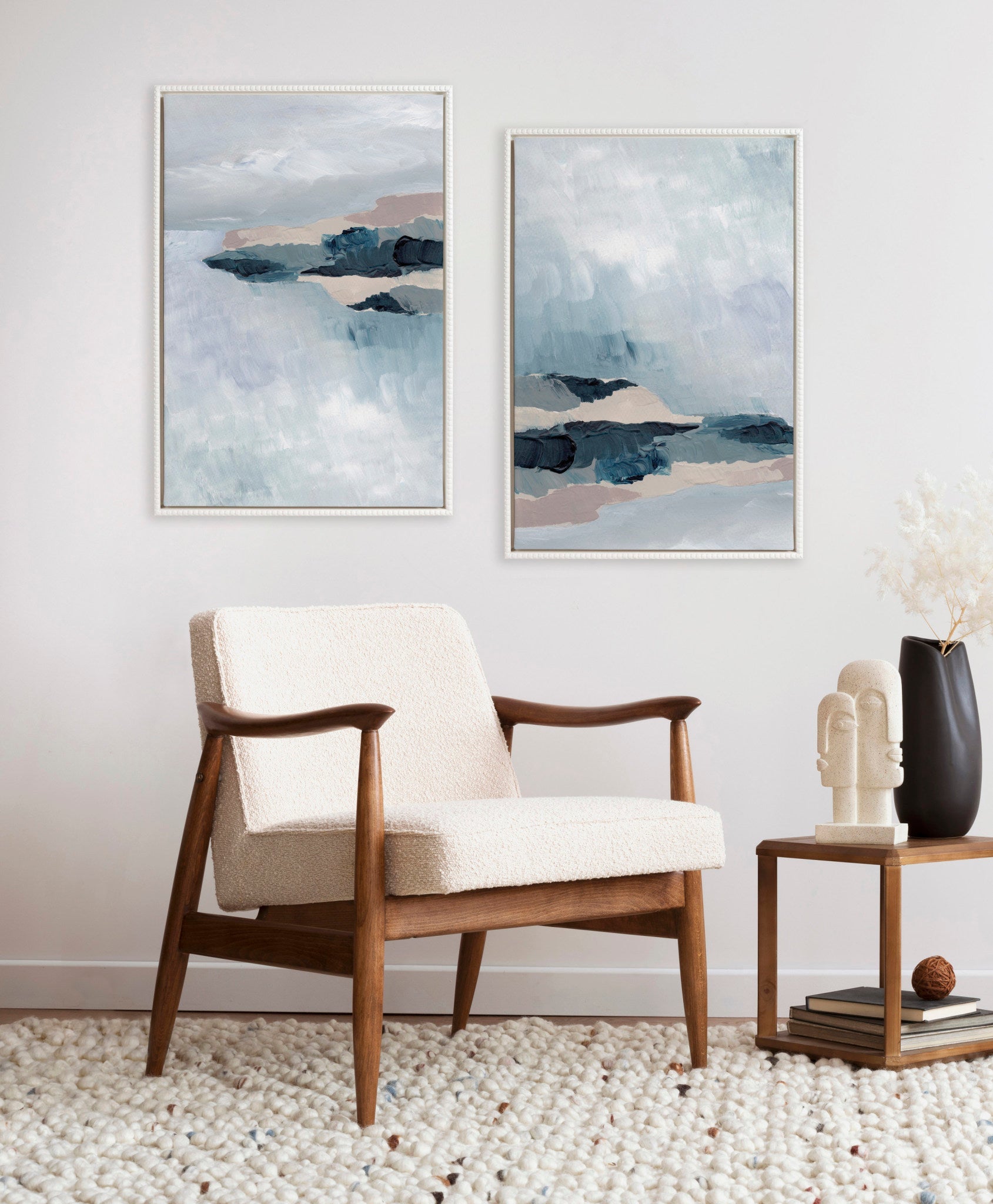 Modern armchair with abstract wall art in a minimalistic room