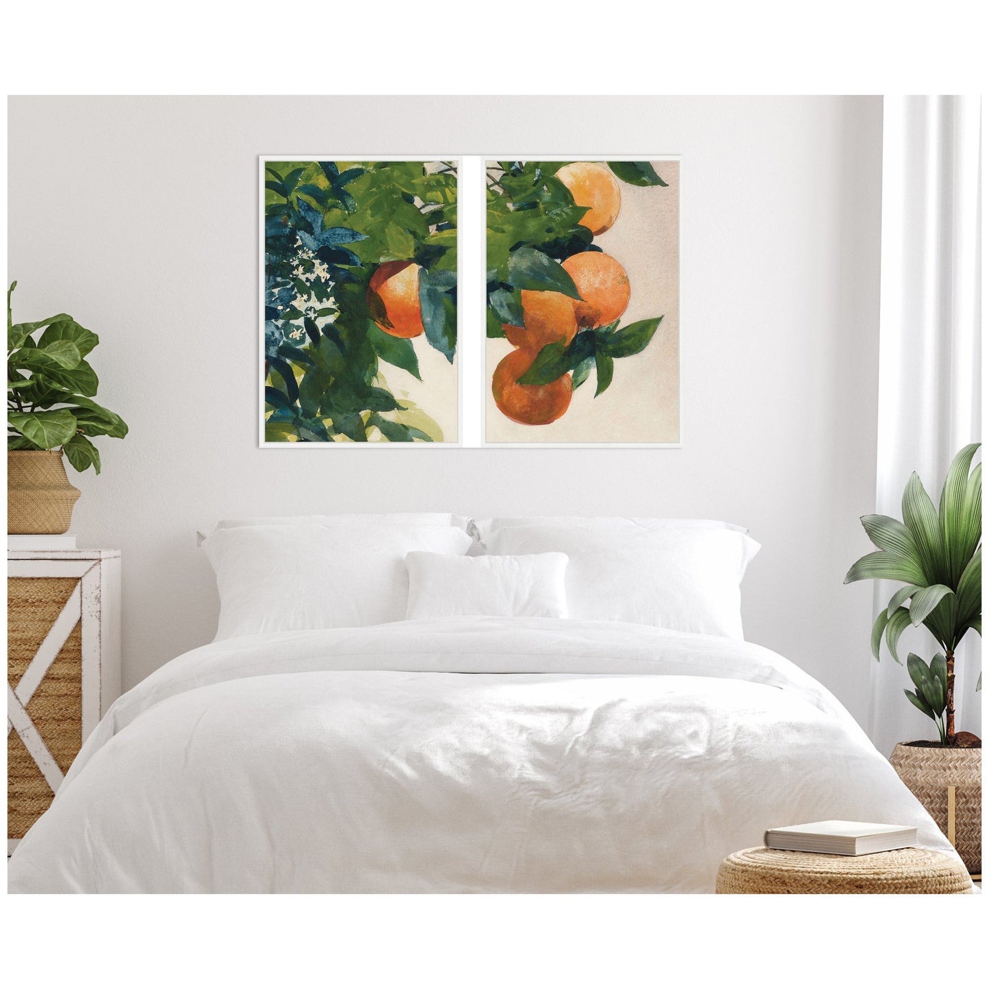 Bedroom with white bedding, a nightstand, and a wall art print of oranges and leaves.