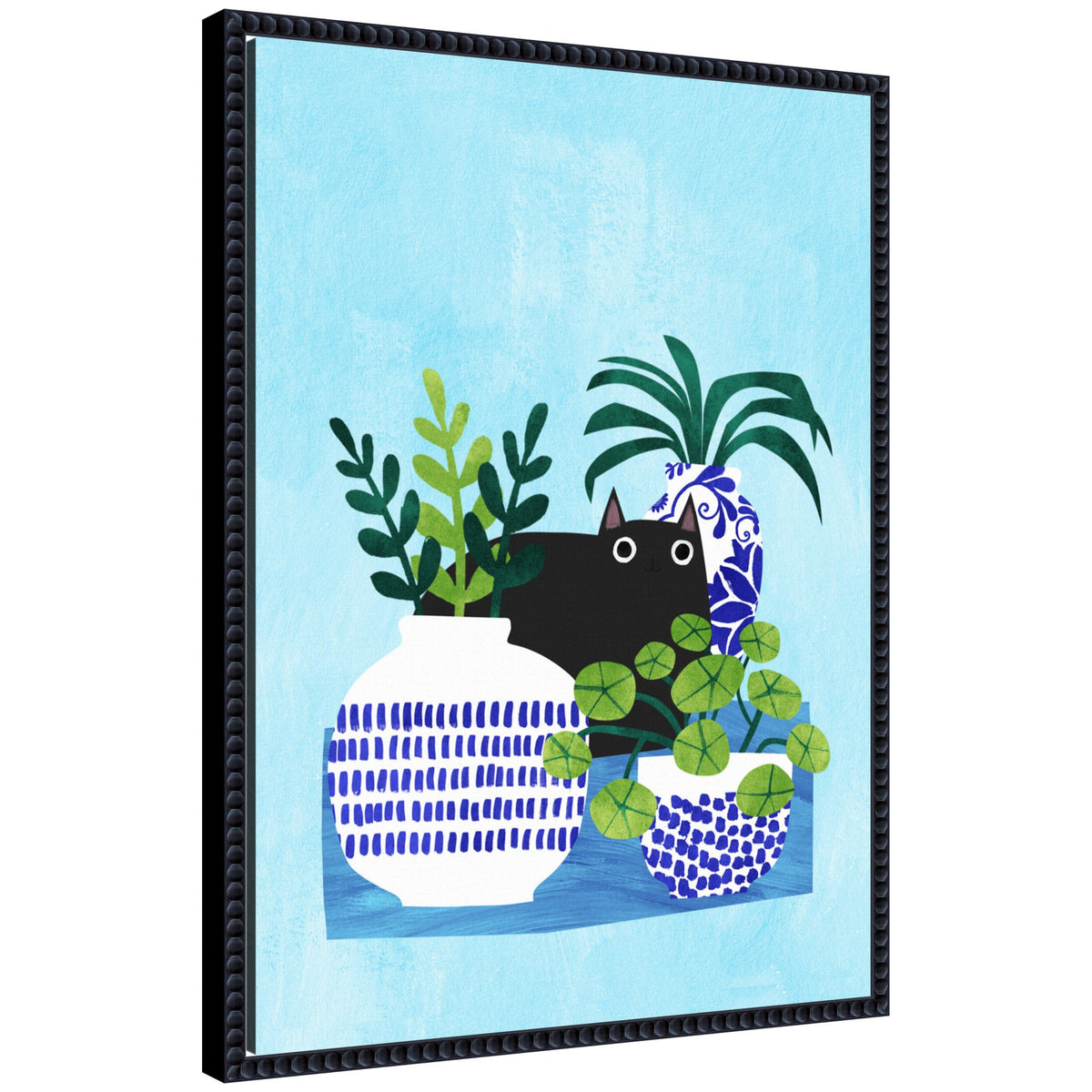 Framed artwork of a black cat among potted plants on a blue background
