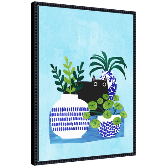 Framed artwork of a black cat among potted plants on a blue background