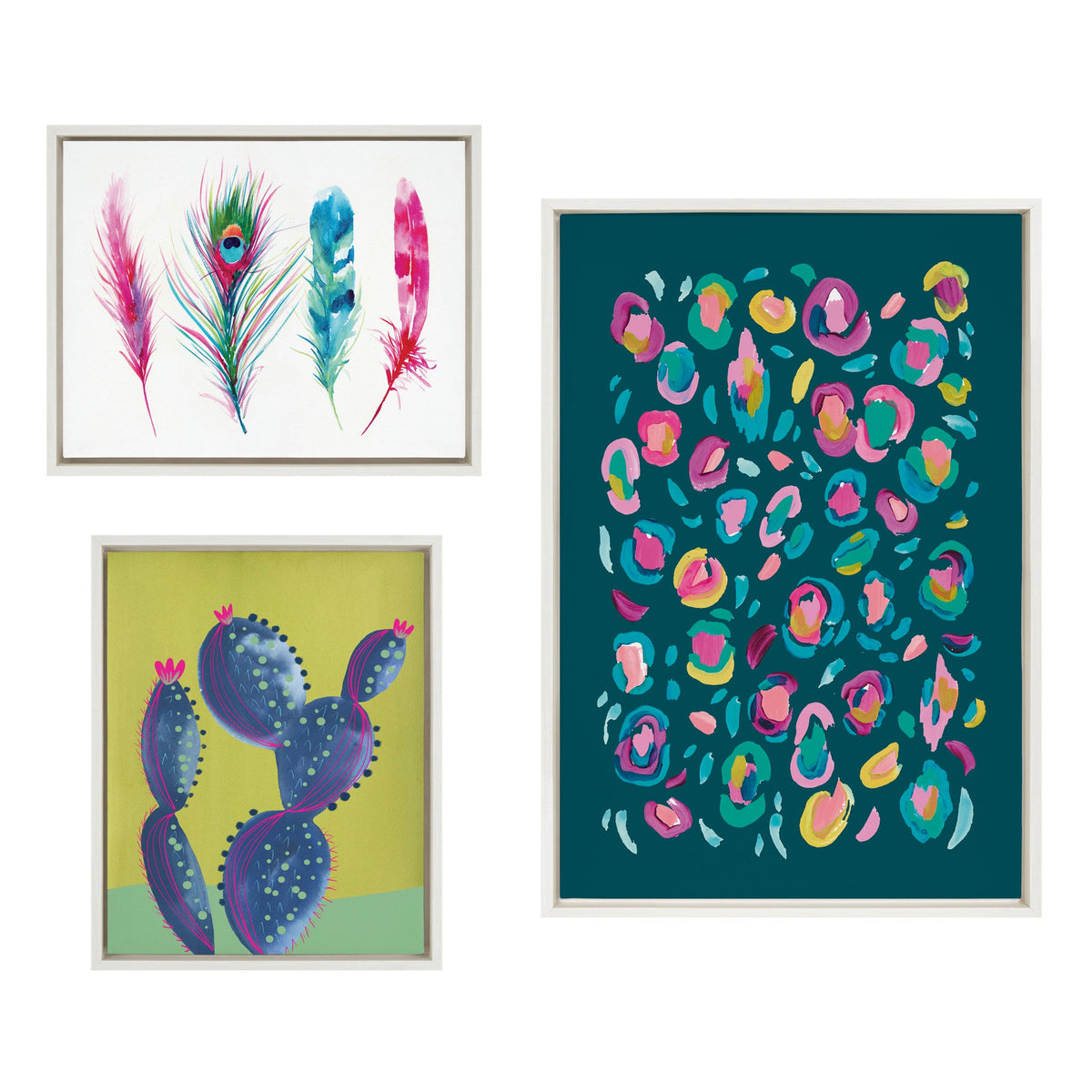 Sylvie Leopard 3, Feather Four and 800 Folk Cactus v2 Framed Canvas by Jessi Raulet of Ettavee