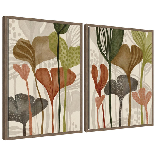 Two framed abstract floral artworks with brown, green, and red colors on a white background.