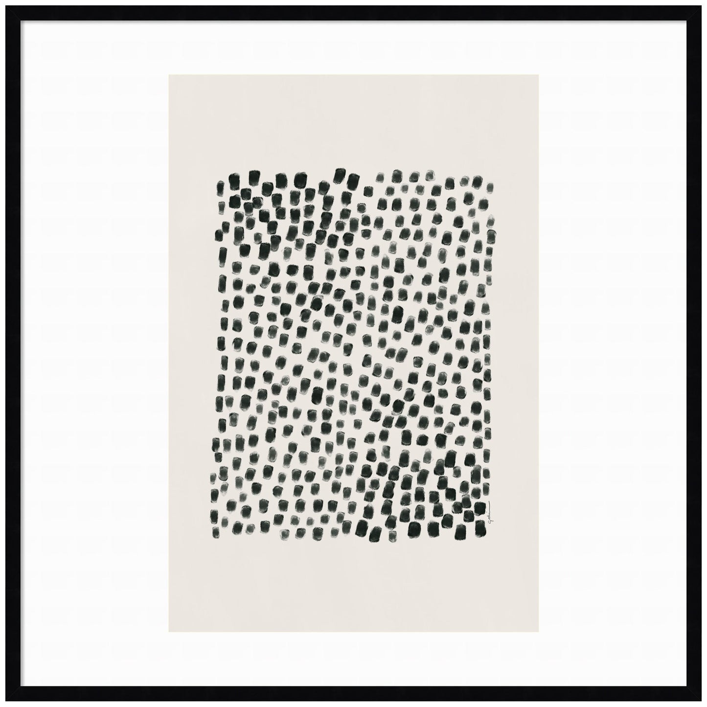 Framed abstract art print with black dot pattern on a white background