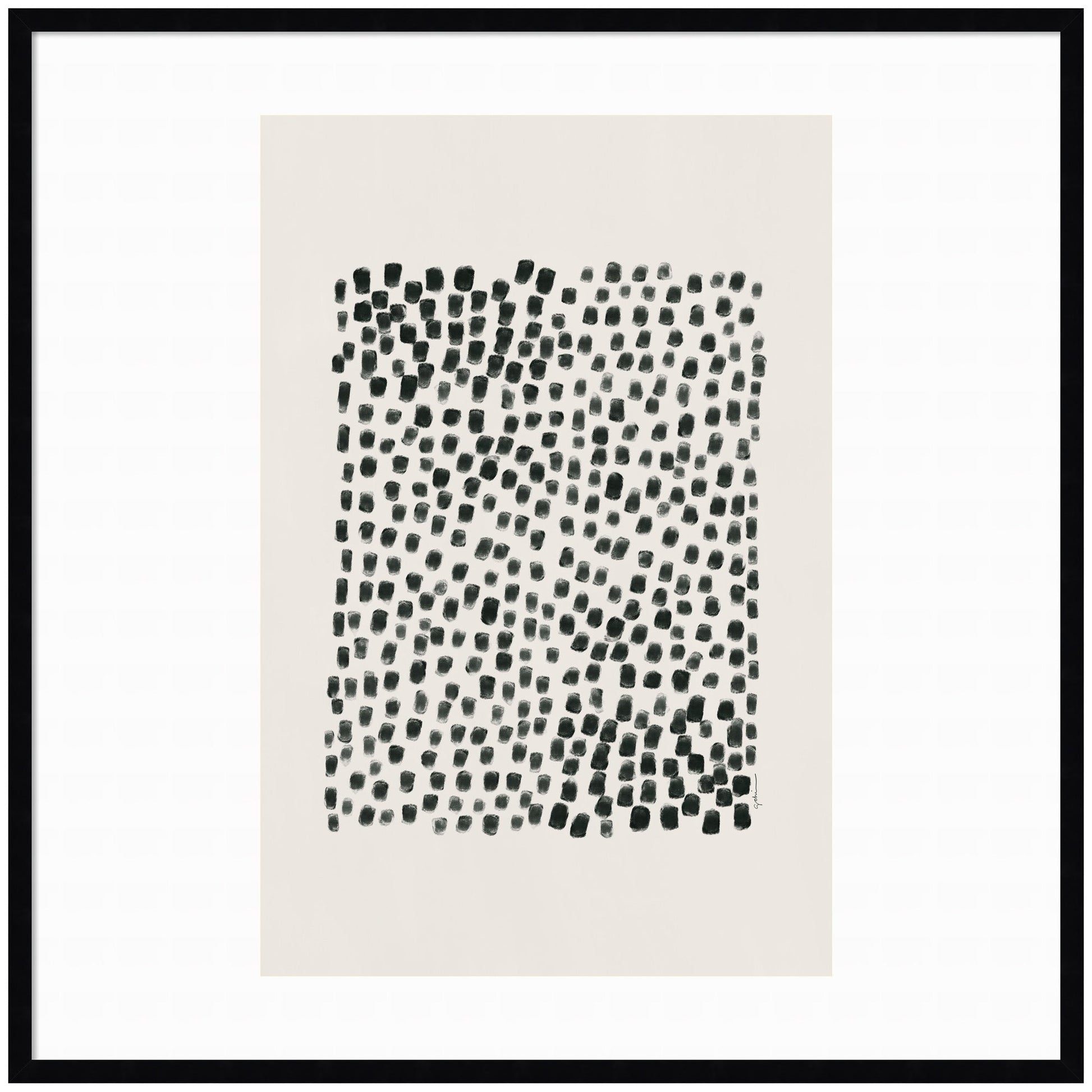 Framed abstract art print with black dot pattern on a white background