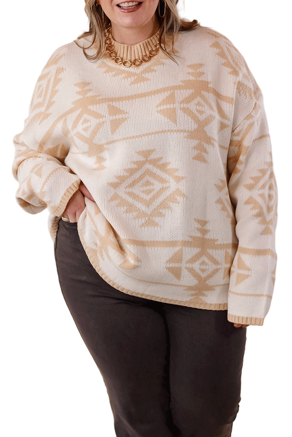 Apricot Plus Size Western Aztec Print Loose Sweater