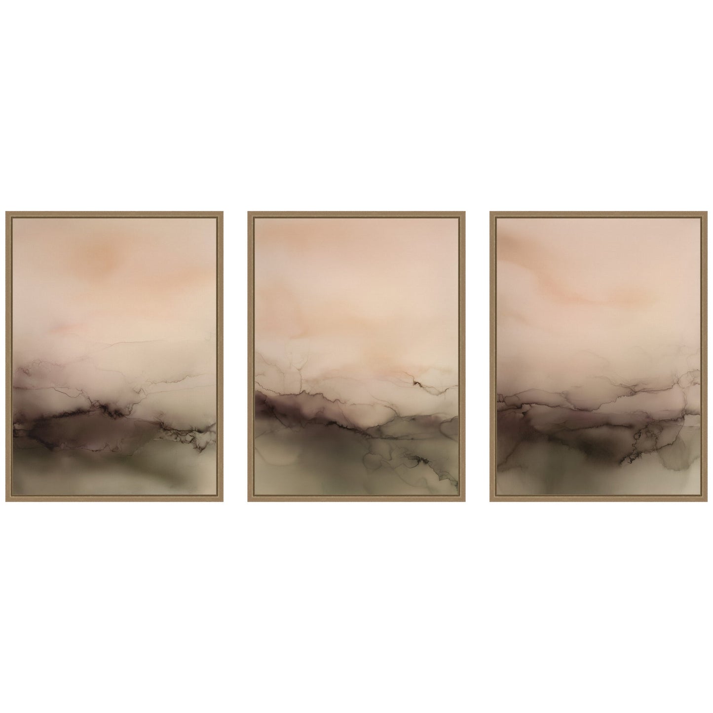 Set of three abstract art pieces with a gold frame on a white background