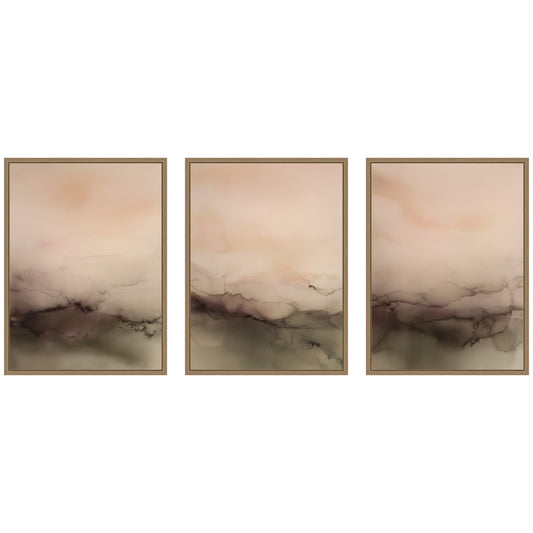 Set of three abstract art pieces with a gold frame on a white background