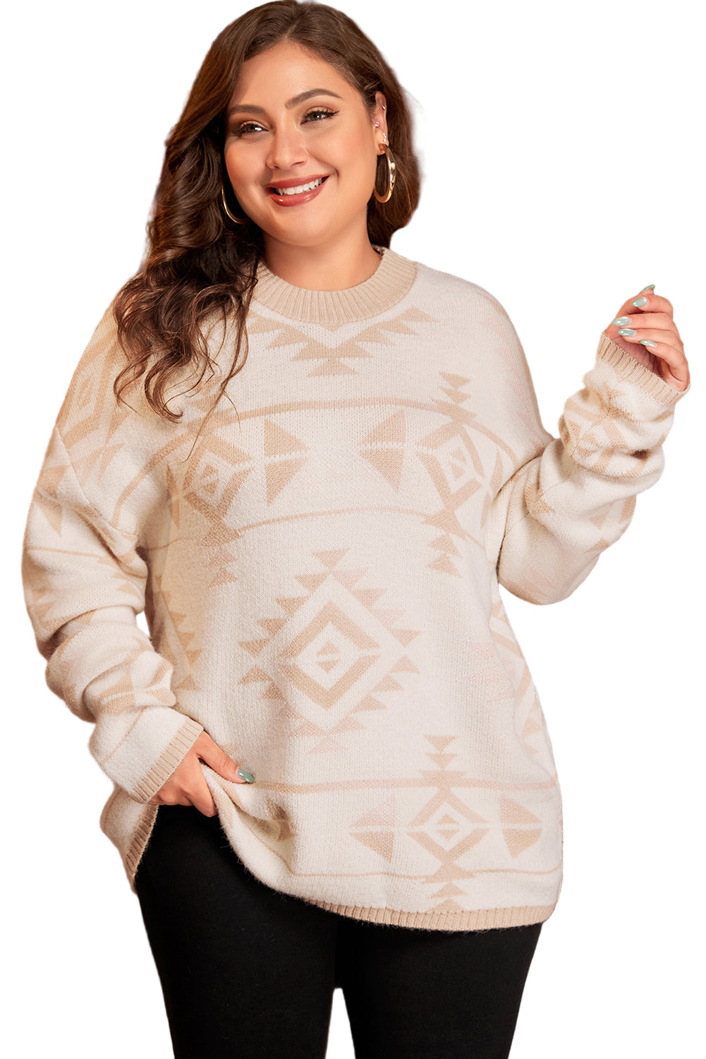 Apricot Plus Size Western Aztec Print Loose Sweater