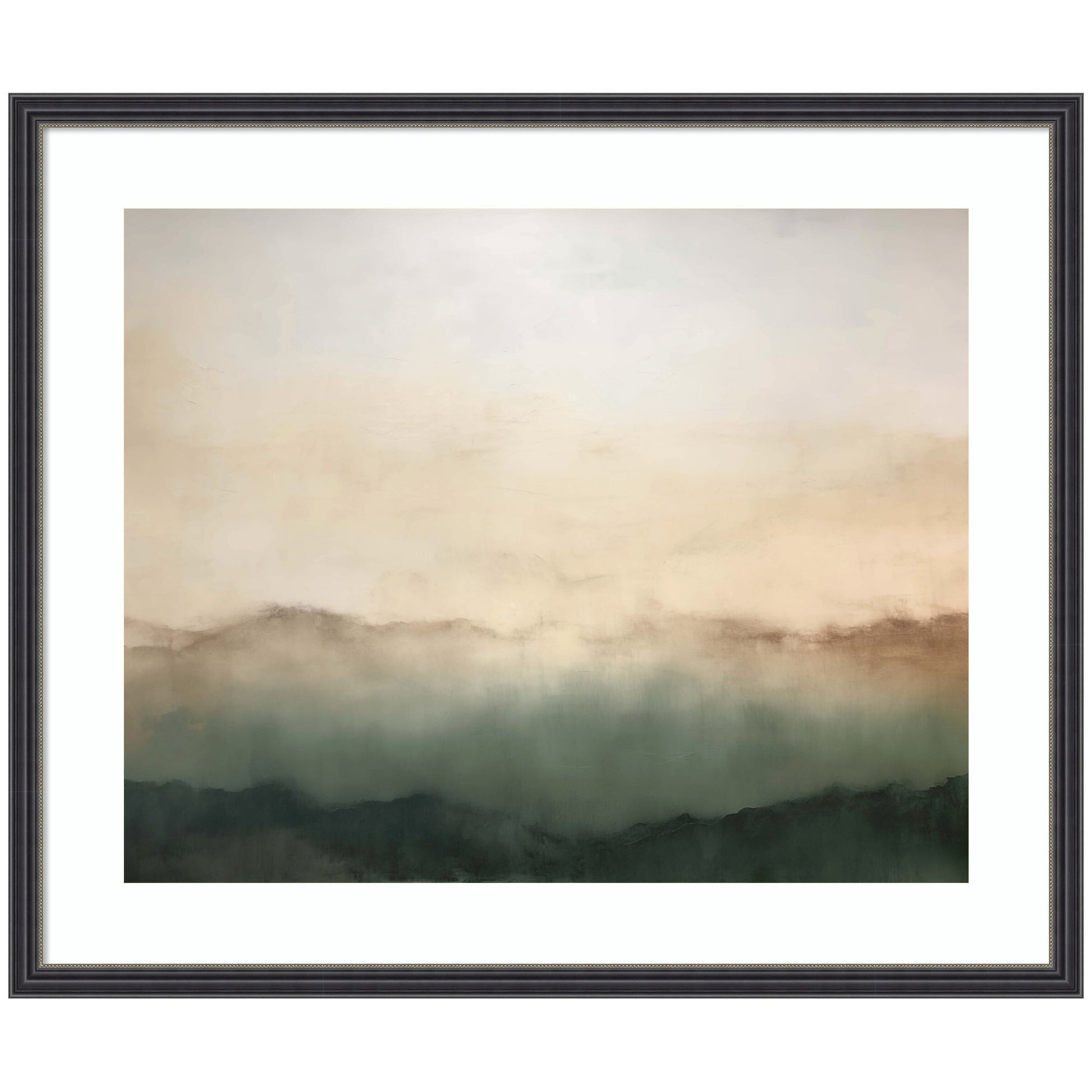 Framed artwork of a landscape with a gradient sky and mountains.
