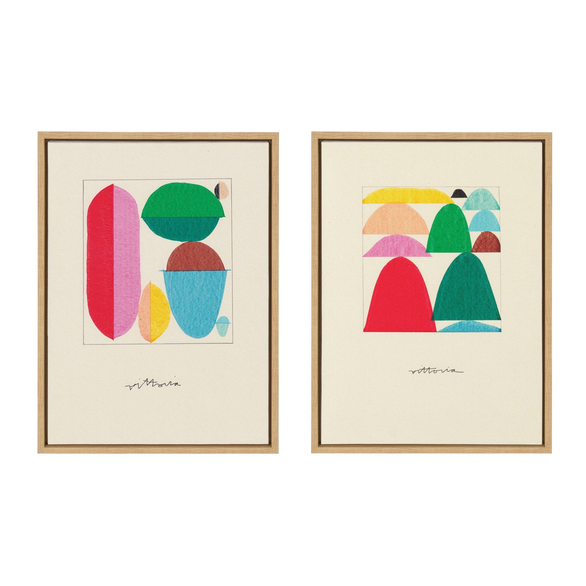 Two framed abstract art pieces with colorful geometric shapes on a beige background.