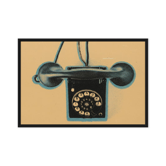 Horizontal black framed canvas wall art featuring a retro pop art halftone illustration of a vintage black rotary telephone with a cyan blue halftone halo, set against a warm tan mustard background.