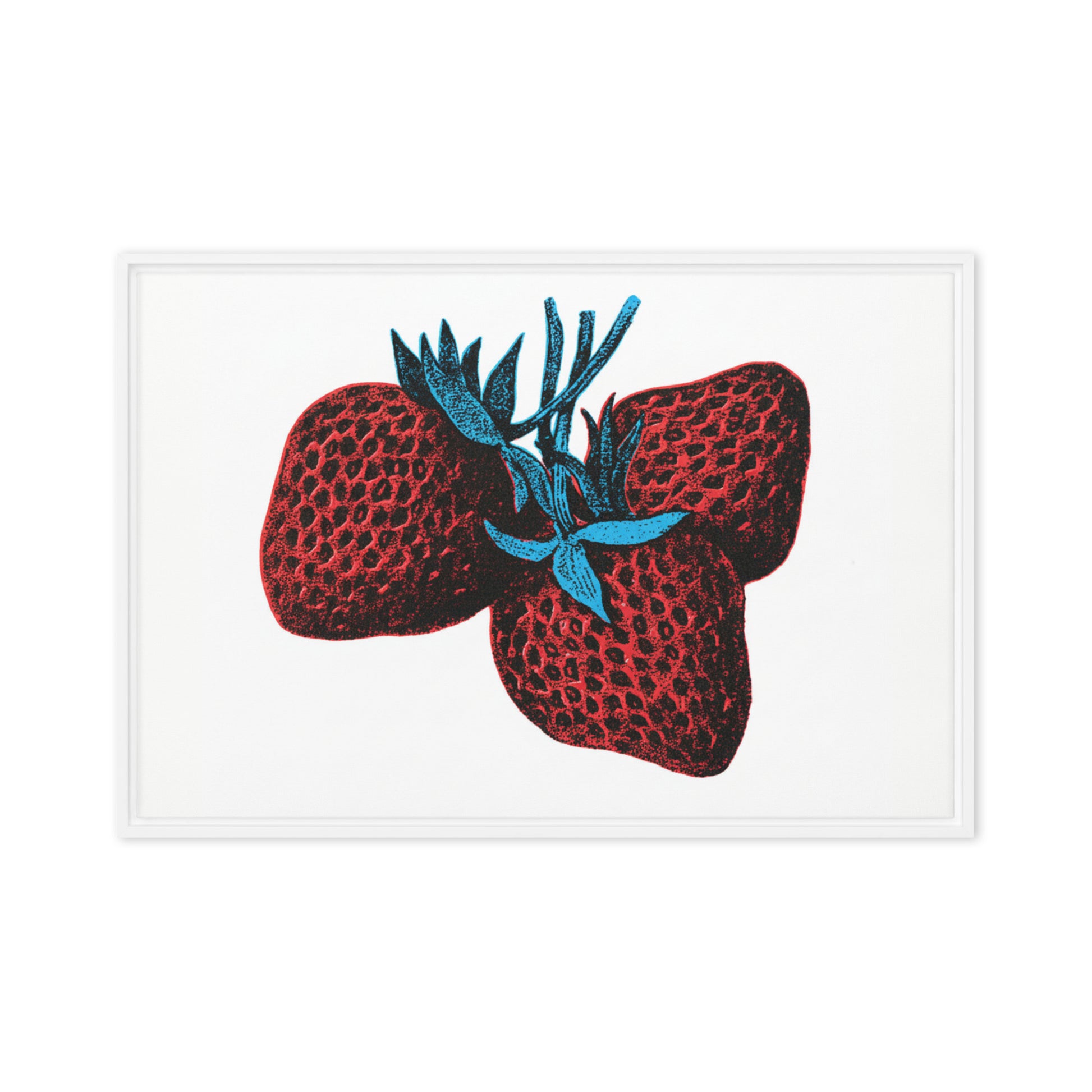 White framed canvas wall art featuring a graphic, screen-print style illustration of three red strawberries with cyan blue leaves against a stark white background.
