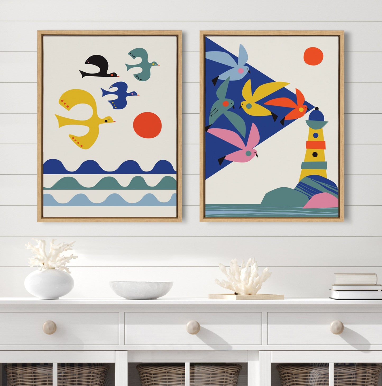 Sylvie Lighthouse Birds and Flock of Birds Framed Canvas Art Set by Rachel Lee of My Dream Wall