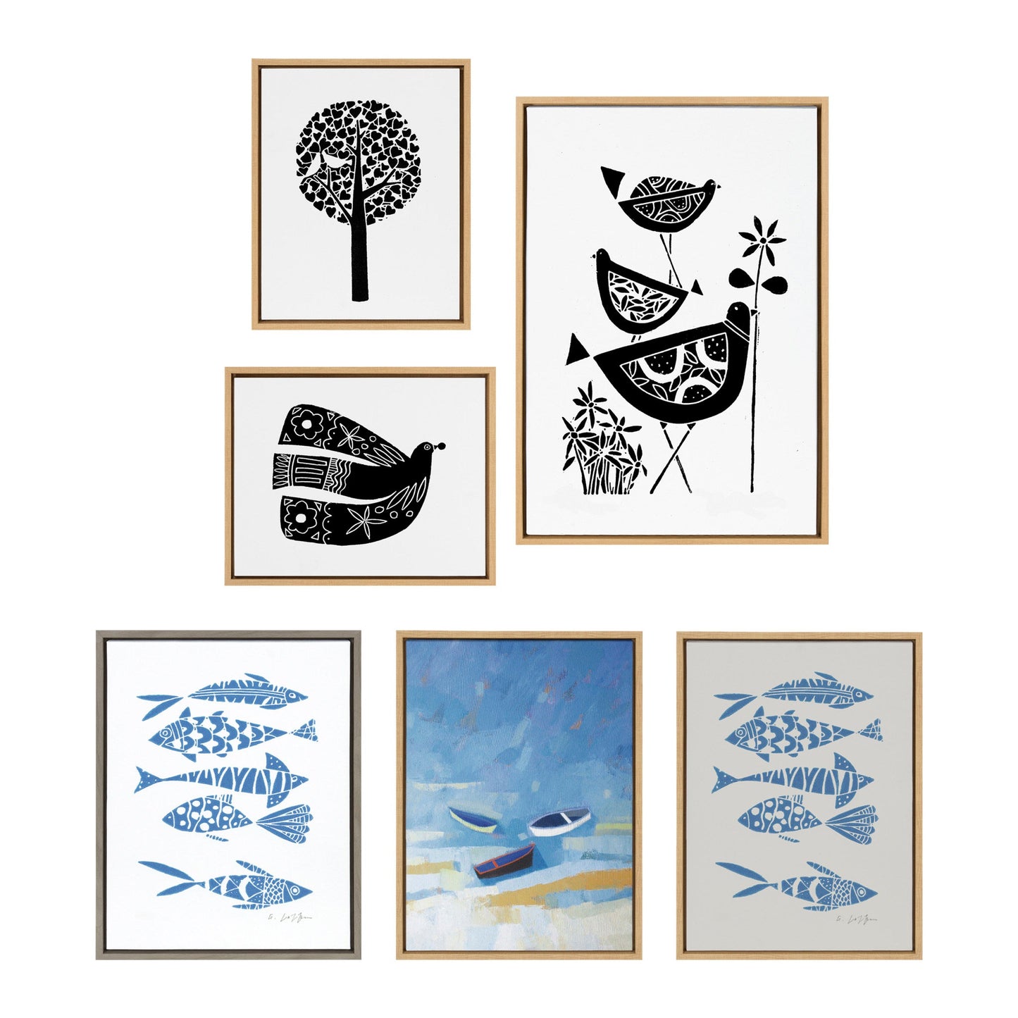 Sylvie Trio Linocut, Love Tree Linocut and Over the Cloud Linocut Framed Canvas Art Set by Giuliana Lazzerini