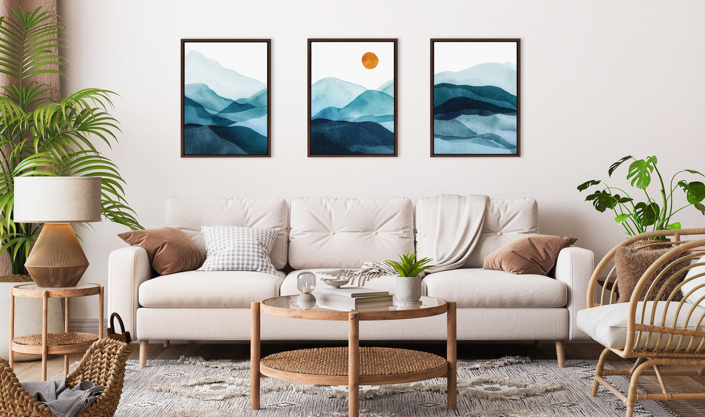 Modern Blue Mountain Range Abstract Landscape Framed Canvas Art Set