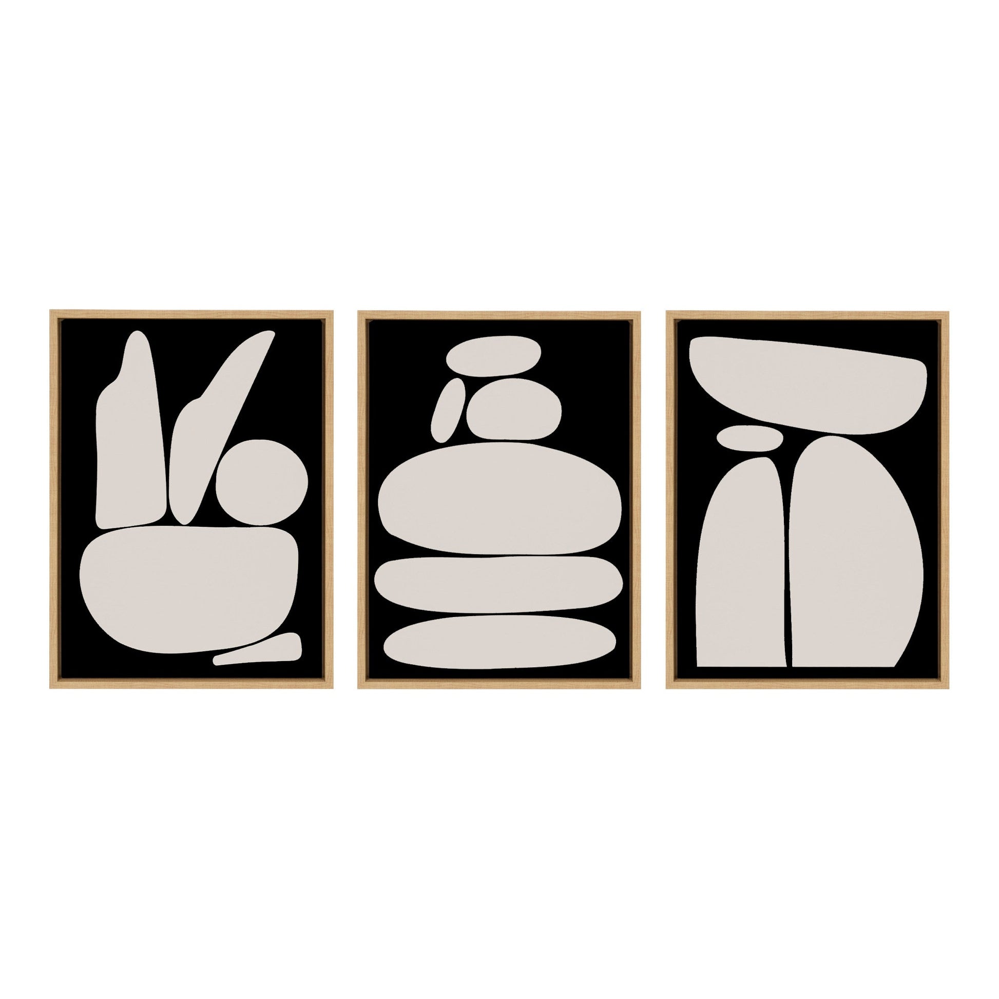 Three abstract art prints with black frames on a white background