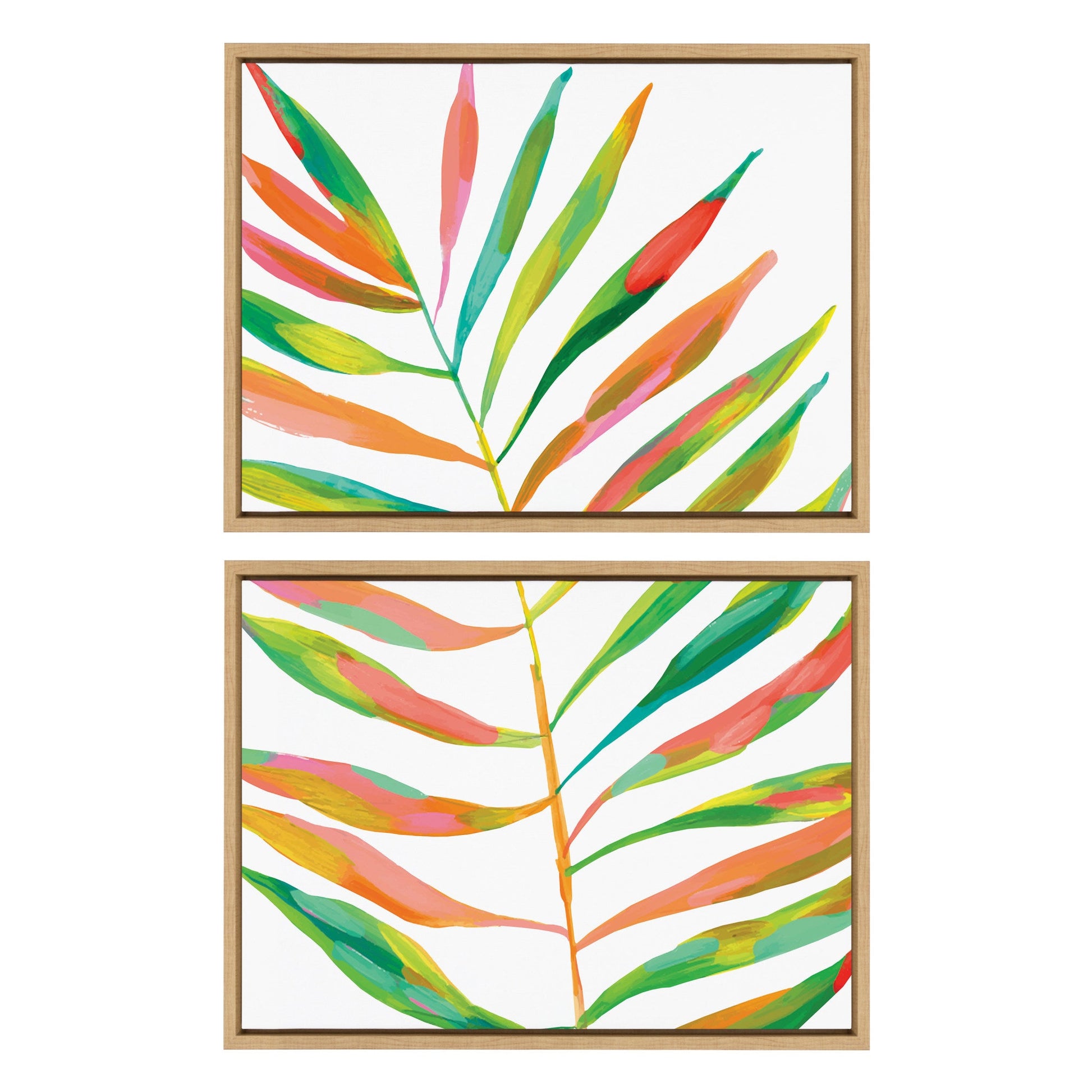 Two colorful leaf prints in wooden frames on a white background