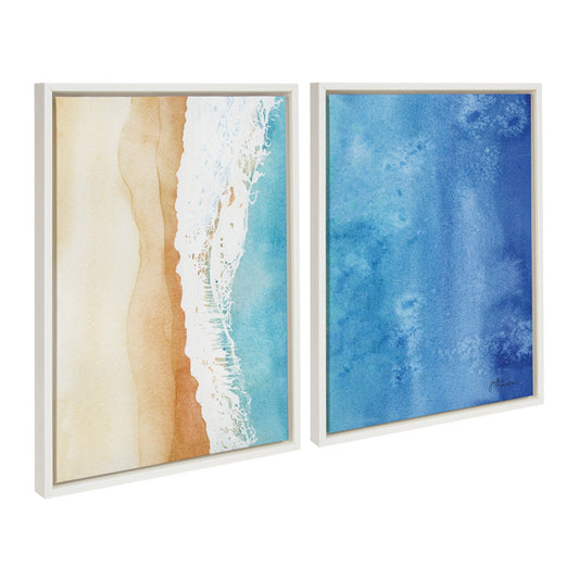 Two framed artworks depicting beach scenes with ocean waves.