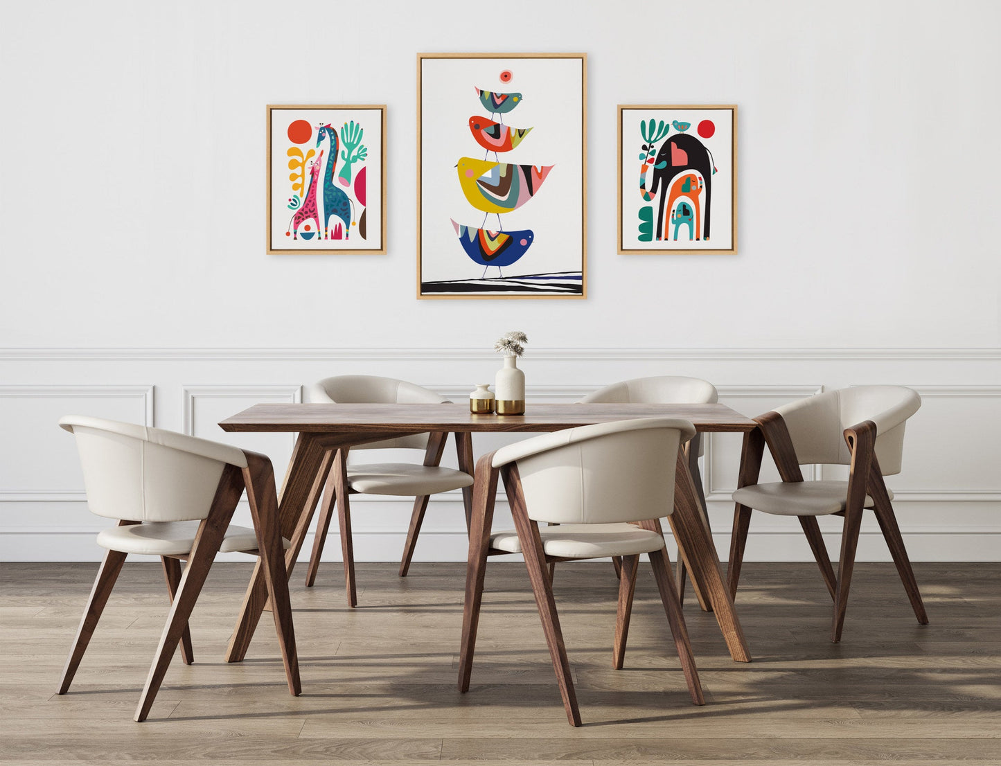 Sylvie Family Tree 4 Birds, Giraffe Love and Three Elephants Framed Canvas Art Set by Rachel Lee of My Dream Wall