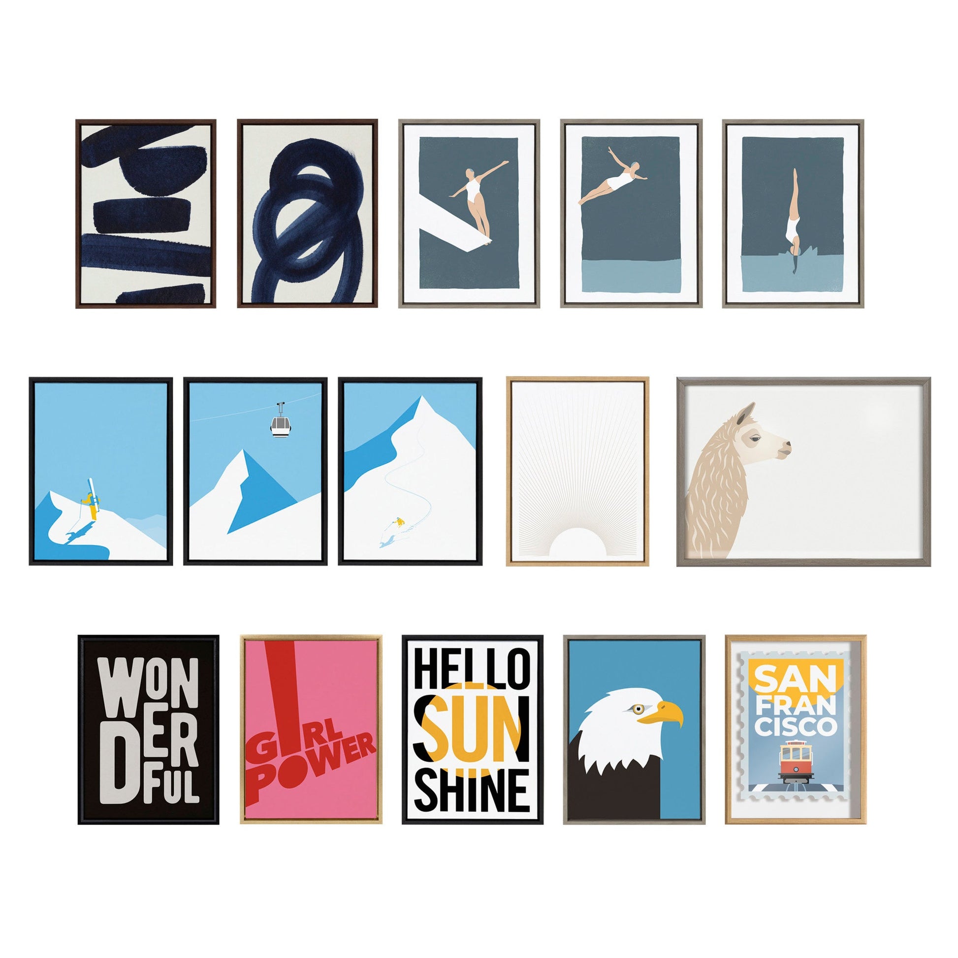 Collection of framed artworks with various designs and text on a white background
