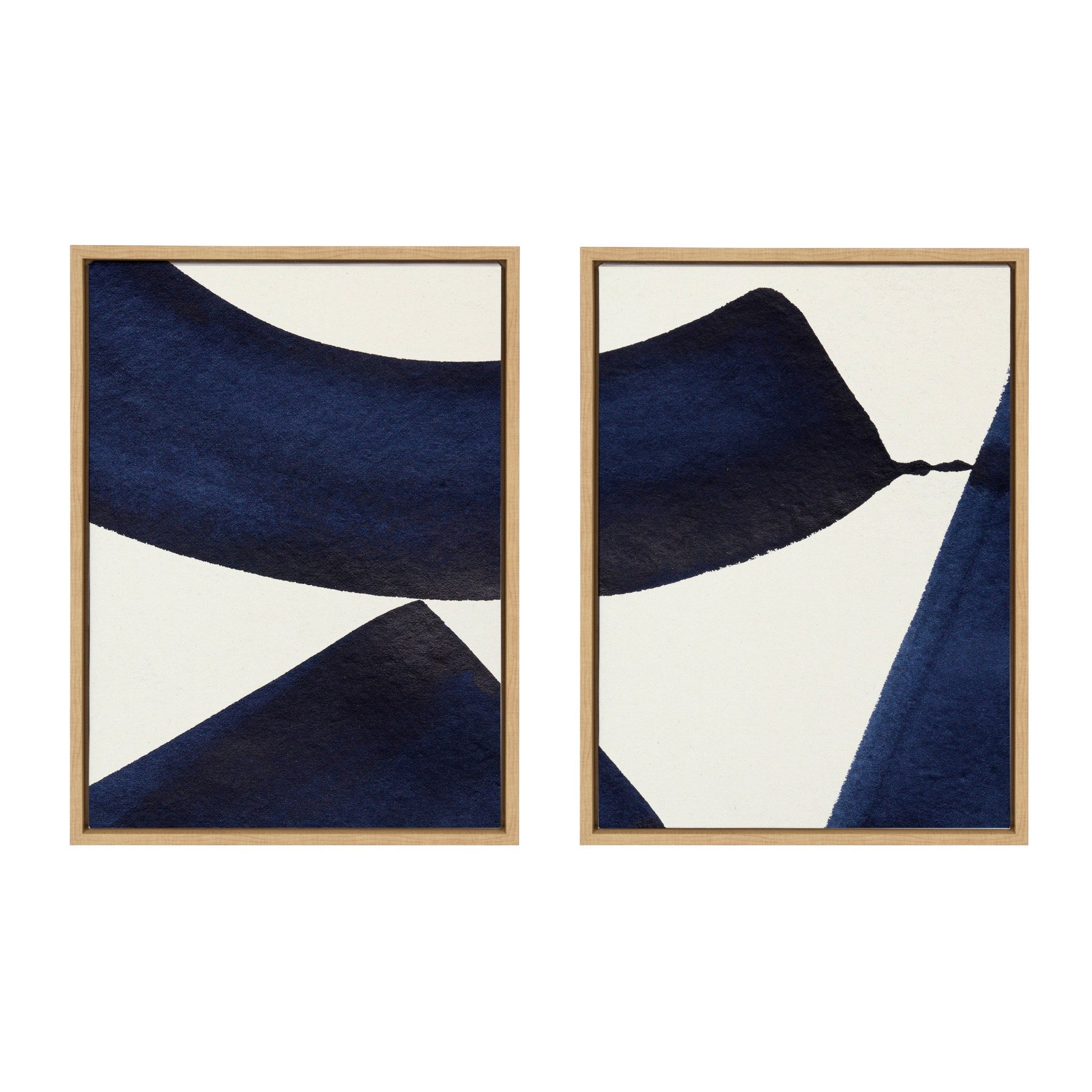Two abstract art pieces with blue and white design in wooden frames on a white background