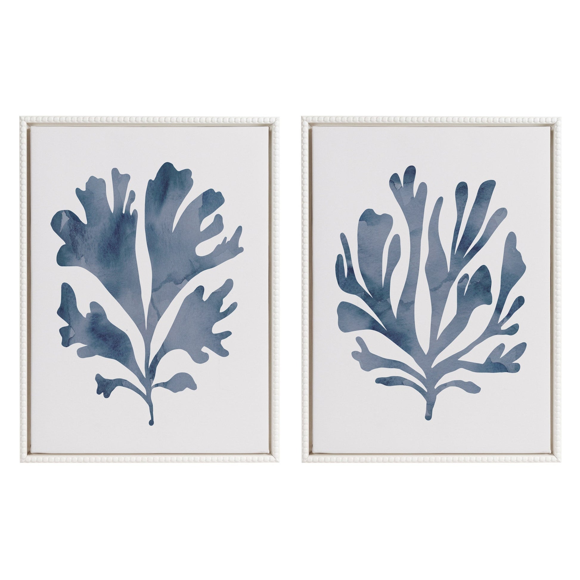Two framed artworks with blue leaf-like patterns on a white background