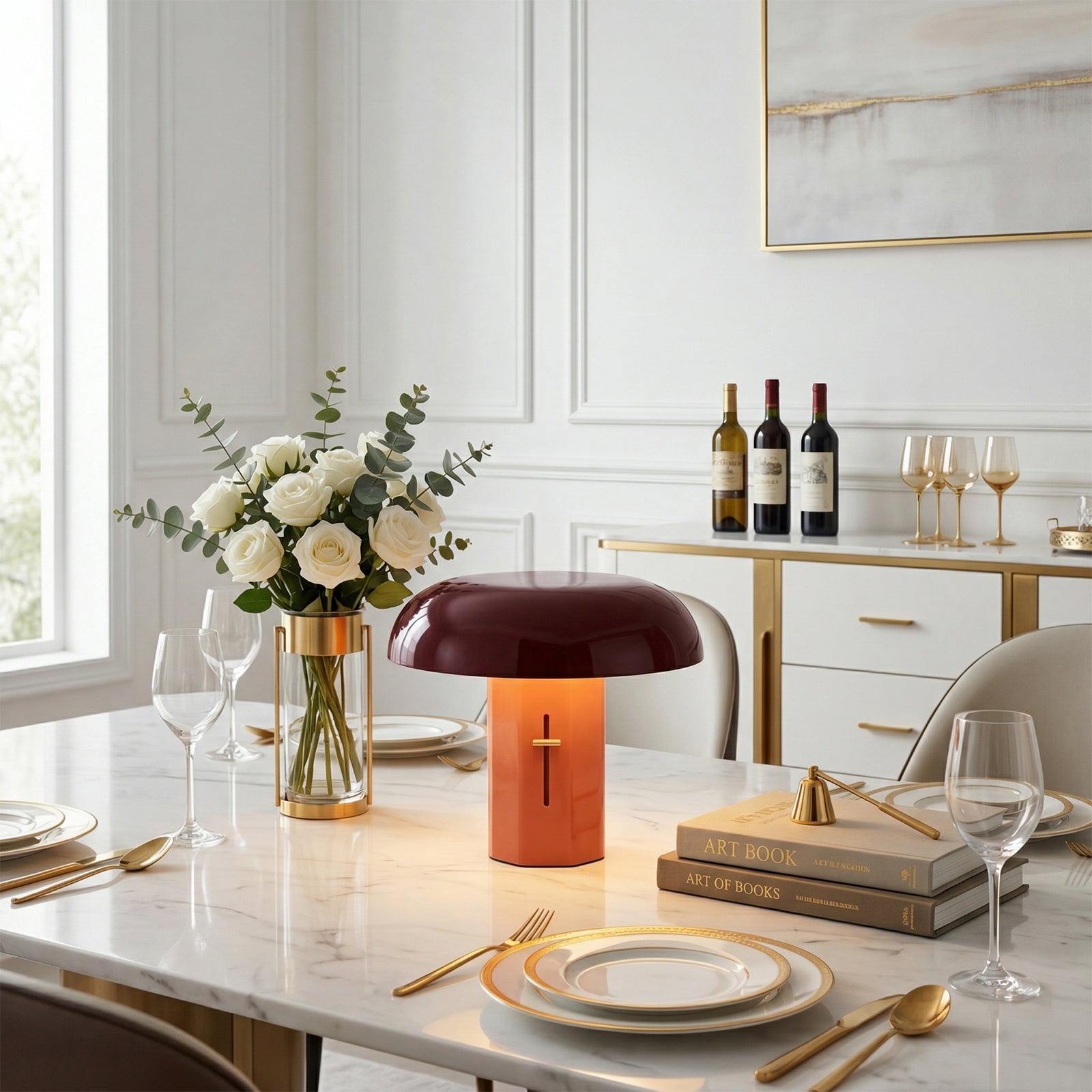 Dining table setting with a lamp, flowers, and books in a modern kitchen.