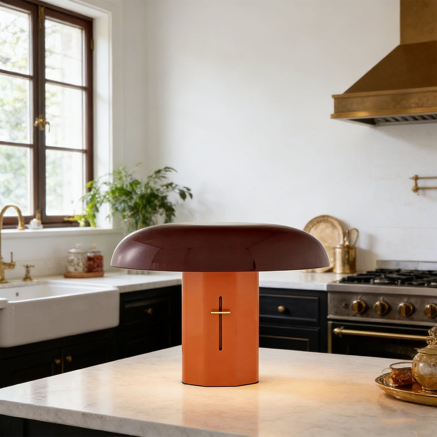 Decorative mushroom-shaped lamp on a kitchen counter with a window and stove in the background.