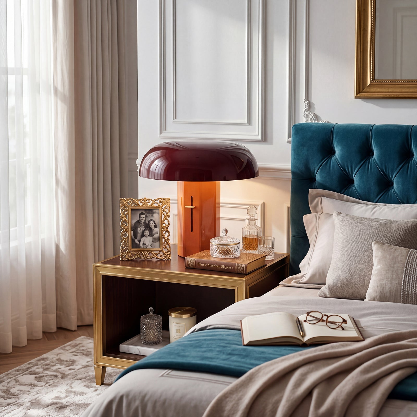 Luxurious bedroom with teal bed, wooden nightstand, and decorative items.