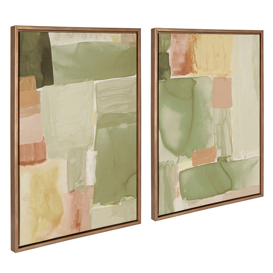 Two abstract art pieces with green, pink, and beige colors in wooden frames on a white background.