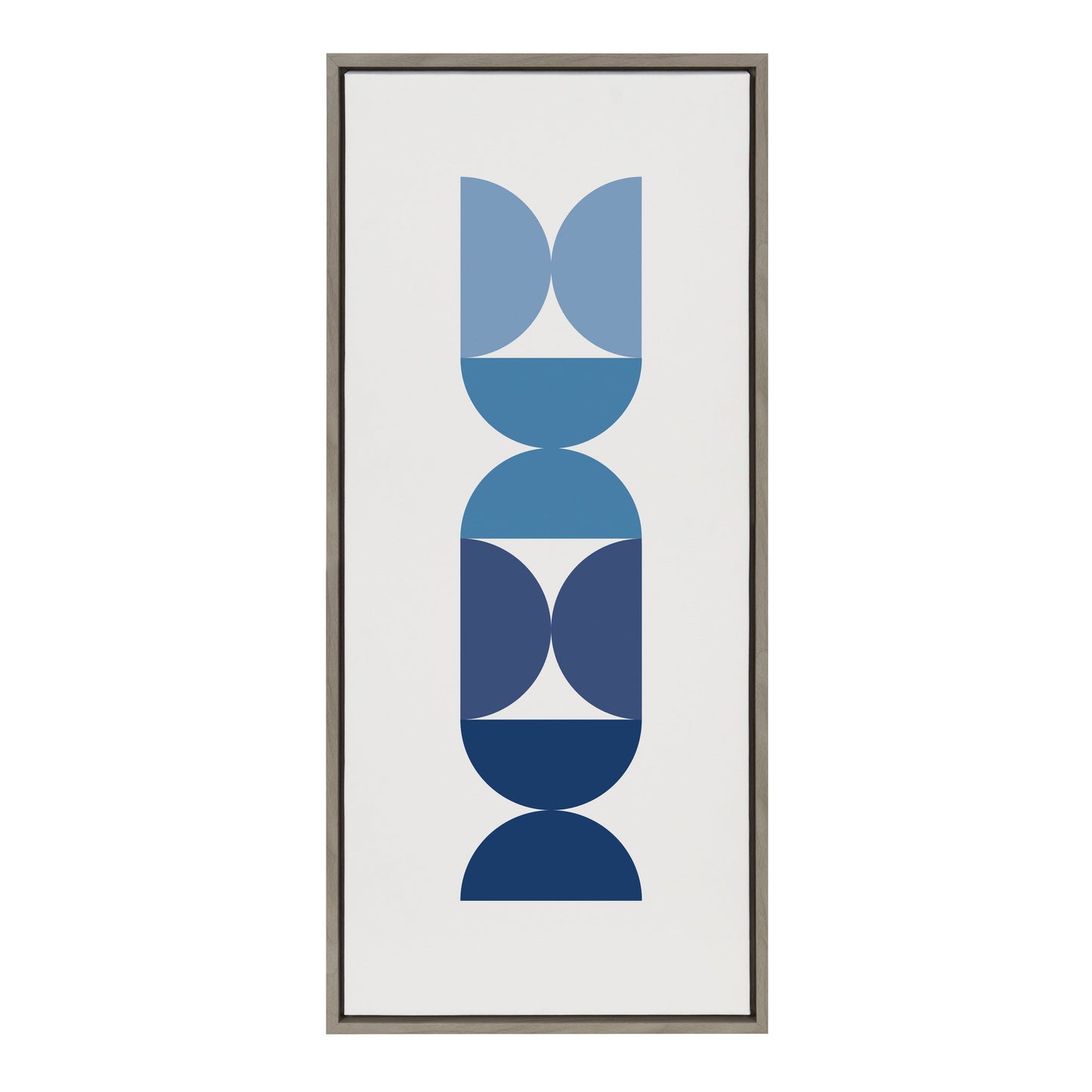 Framed abstract art print with blue geometric shapes on a white background