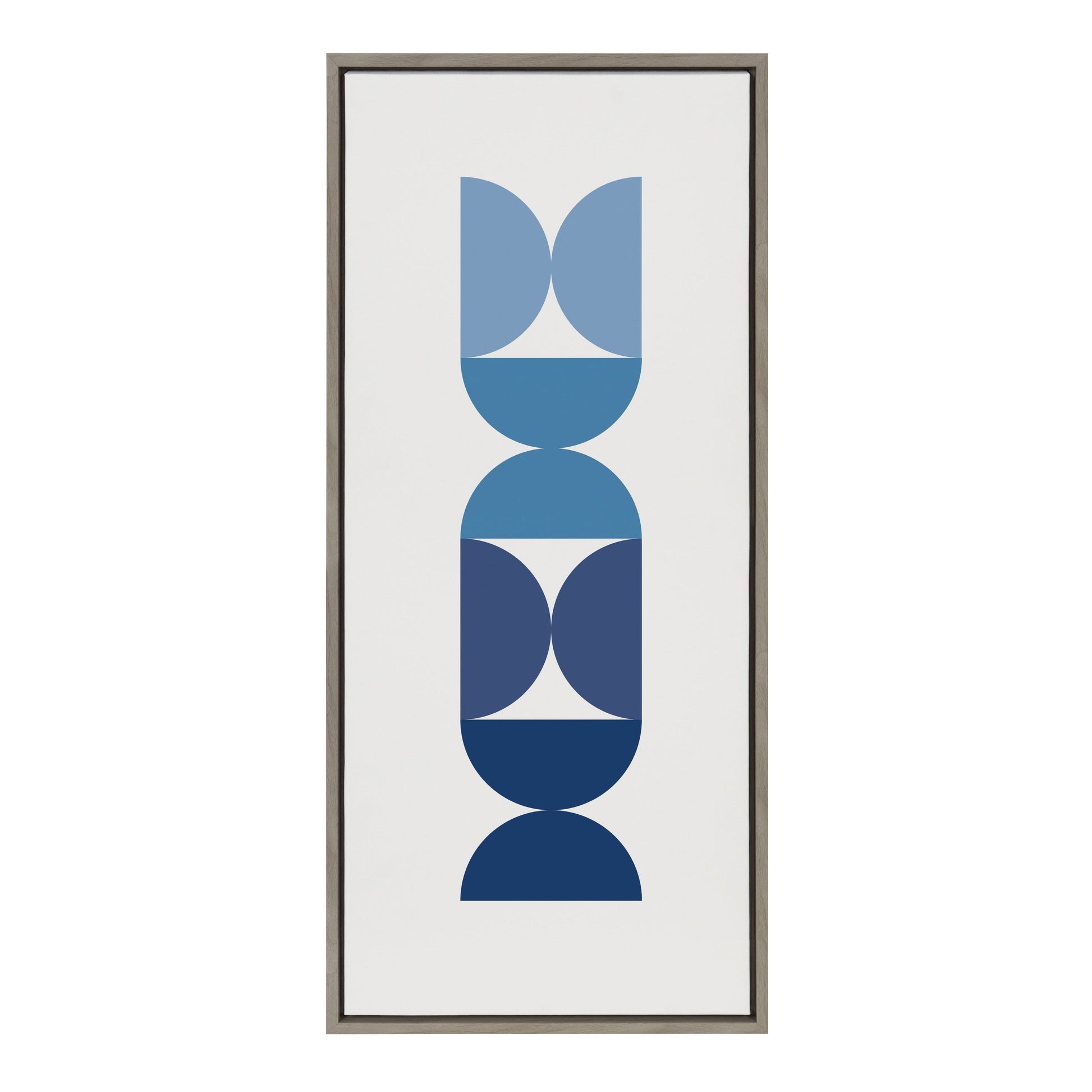 Framed abstract art print with blue geometric shapes on a white background