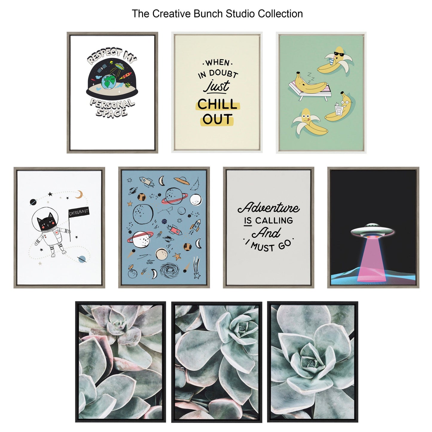 Modern Botanical Succulent Plants 3-Piece Framed Canvas Wall Art Set