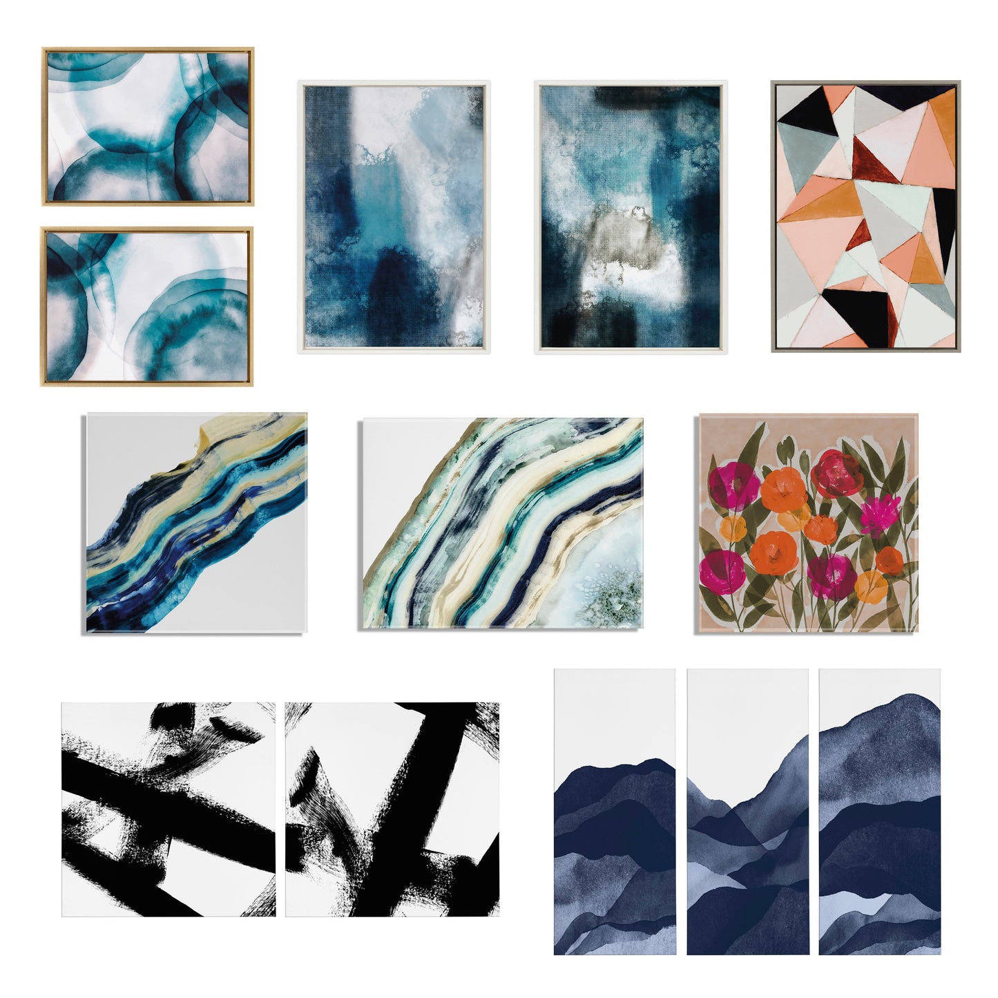 Modern Blue Mountain Range Abstract Landscape Framed Canvas Art Set