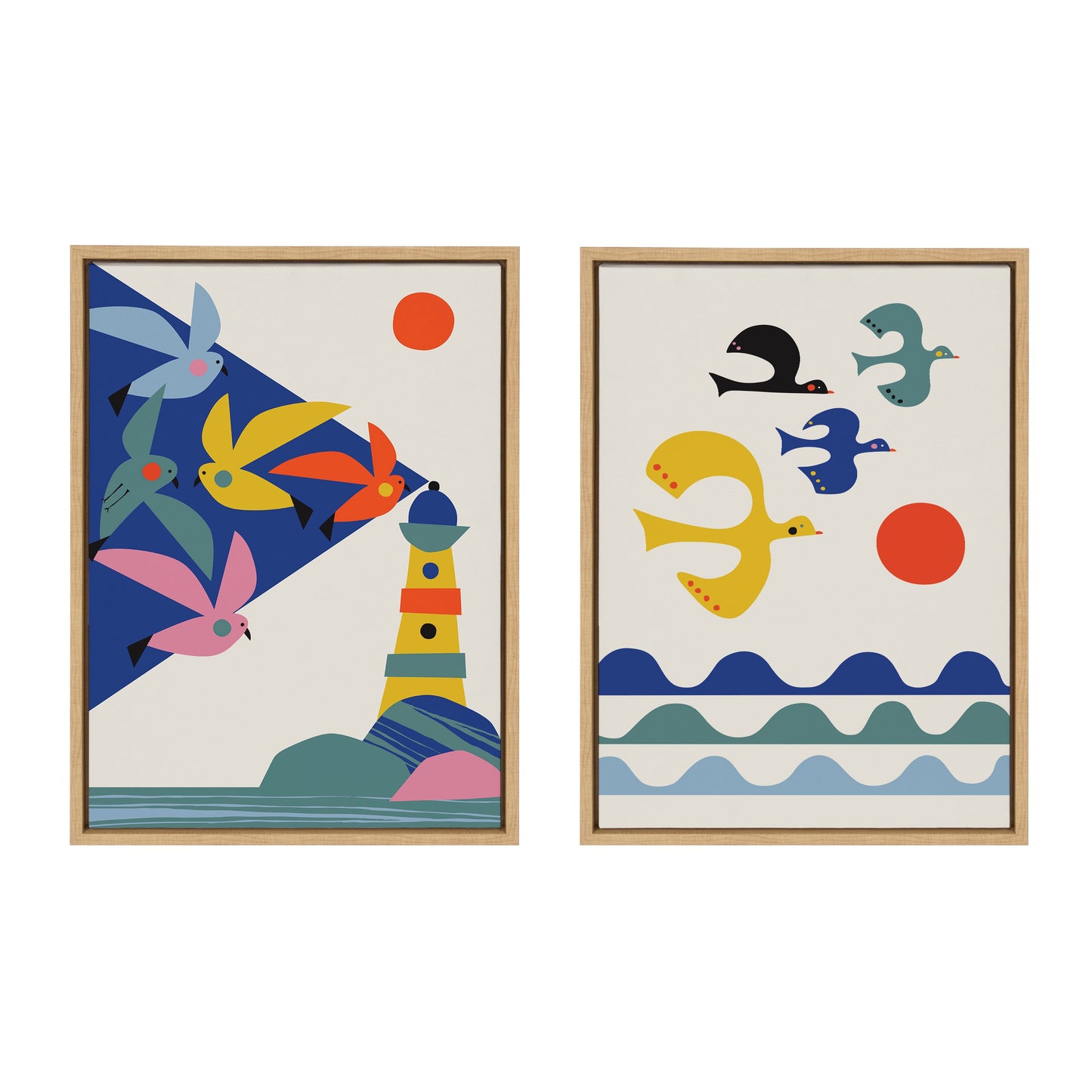 Two colorful abstract art prints with a lighthouse and birds on a white background.