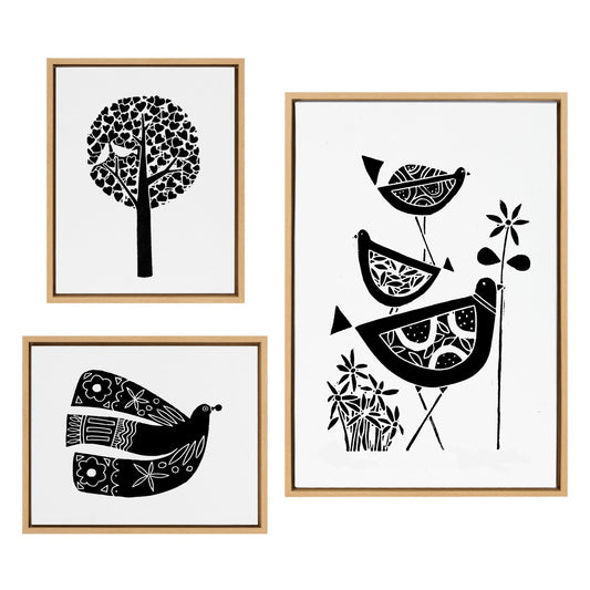Sylvie Trio Linocut, Love Tree Linocut and Over the Cloud Linocut Framed Canvas Art Set by Giuliana Lazzerini