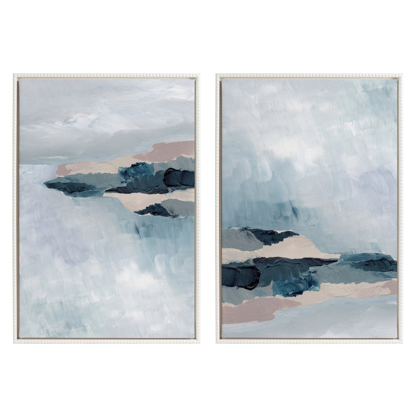 Two framed abstract artworks with blue and beige tones on a white background