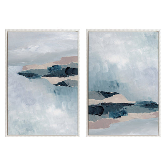 Two framed abstract artworks with blue and beige tones on a white background