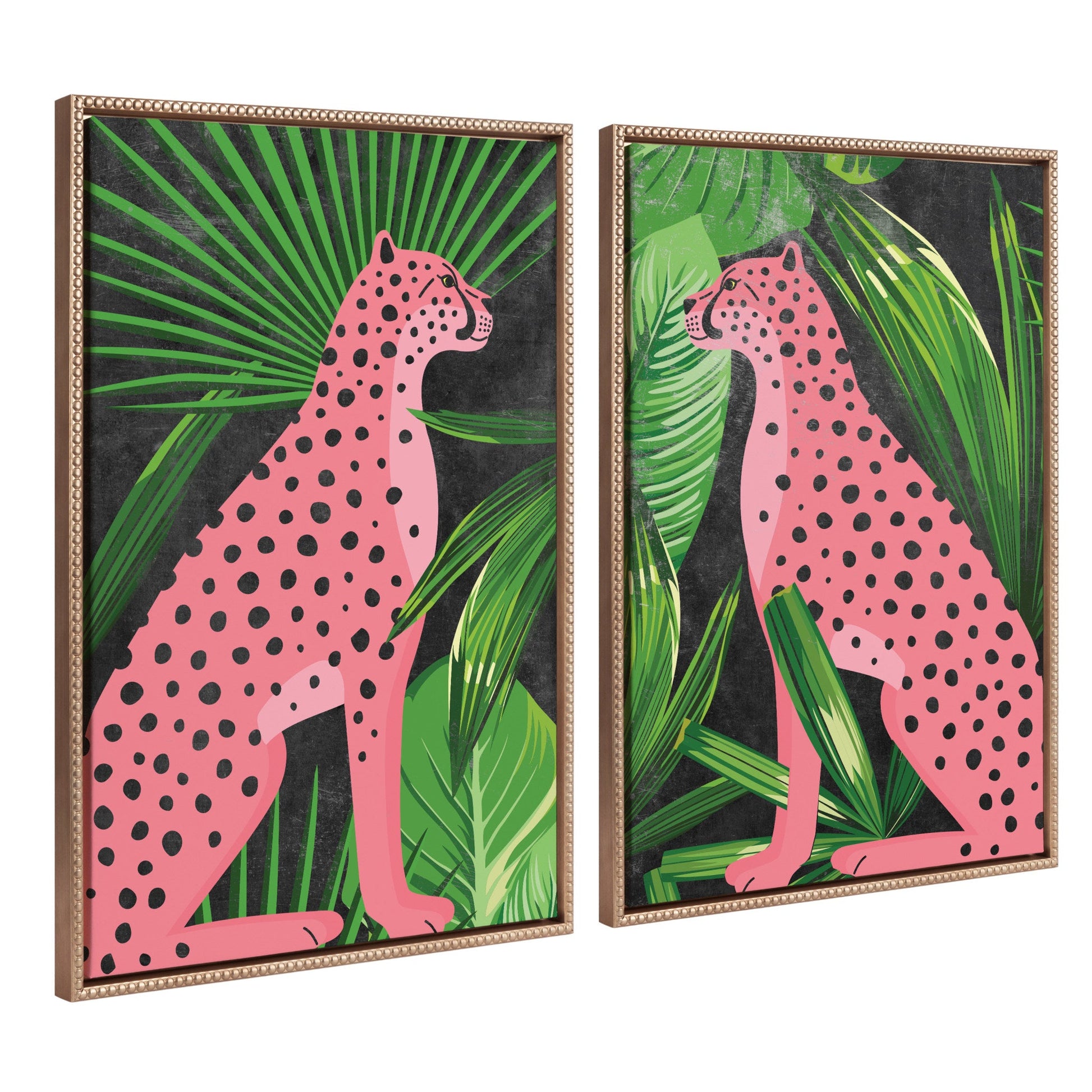 Two framed artworks of pink leopards with green leaves on a black background.