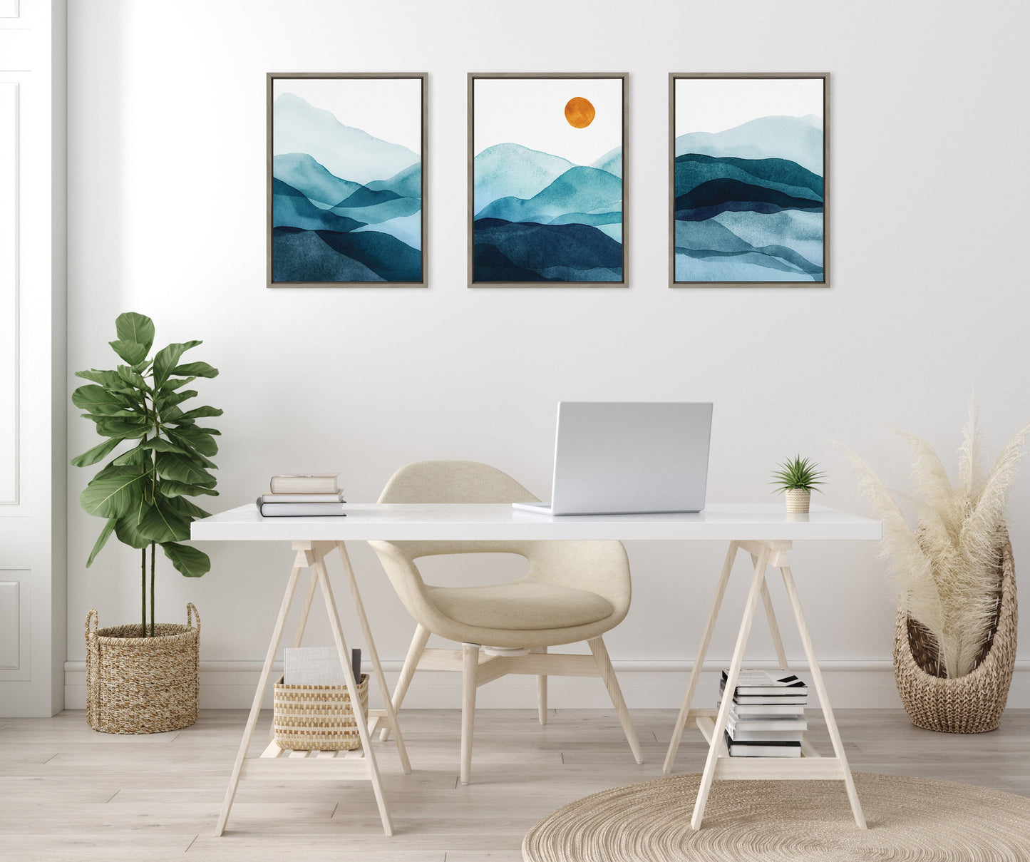 Modern Blue Mountain Range Abstract Landscape Framed Canvas Art Set