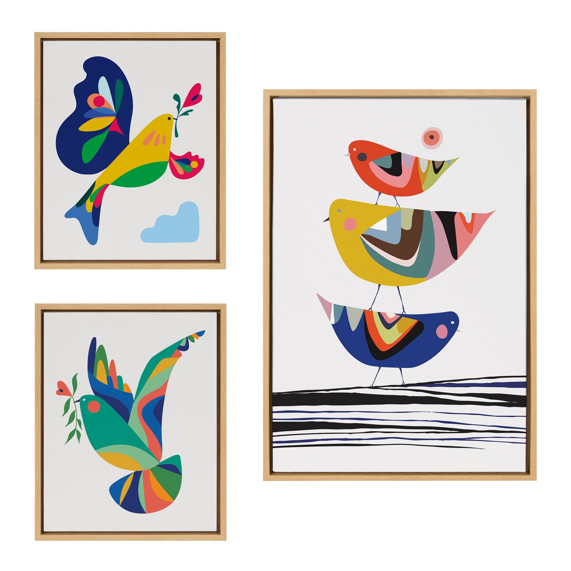 Set of three colorful abstract bird artworks in wooden frames on a white background