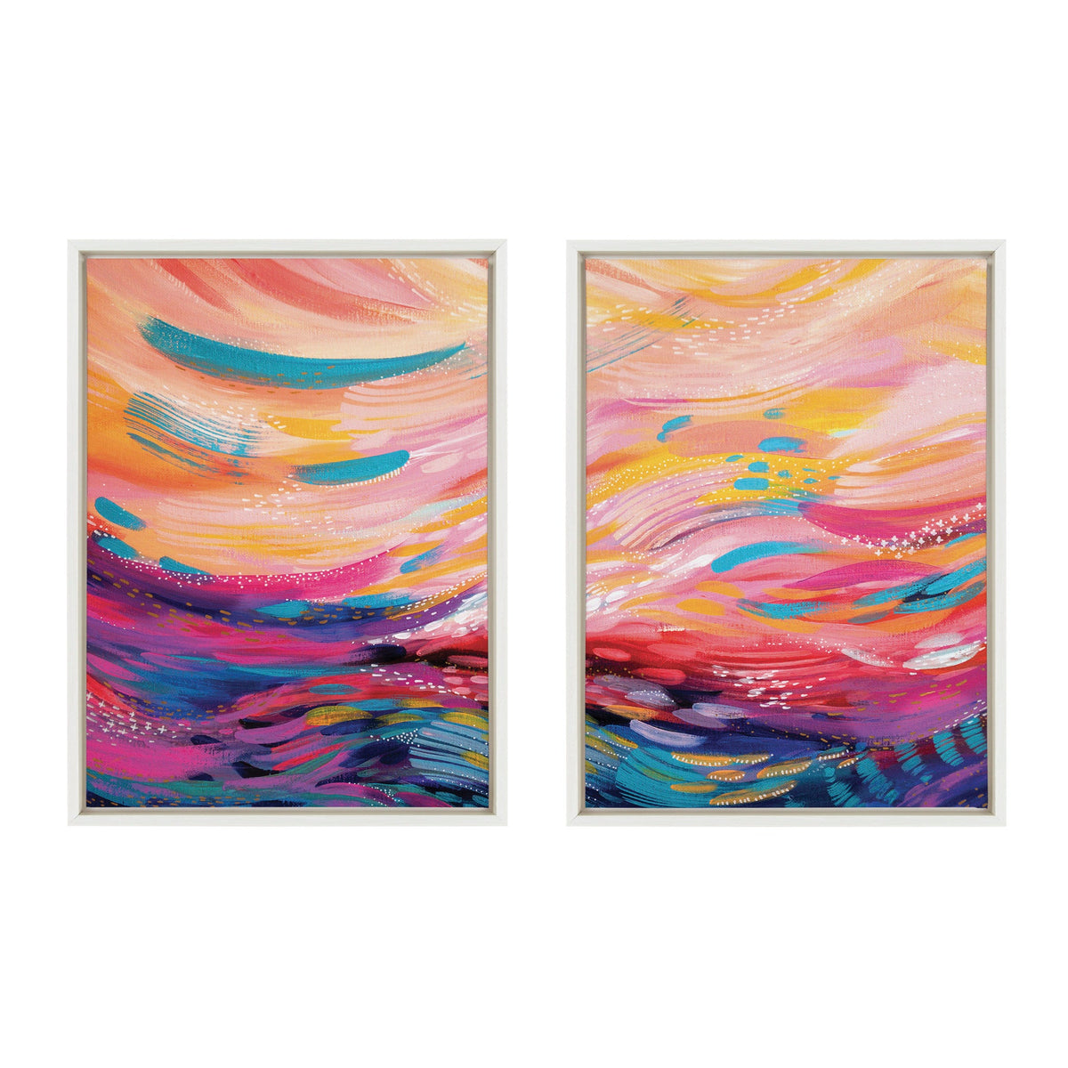 Two abstract art pieces with vibrant colors on a white background