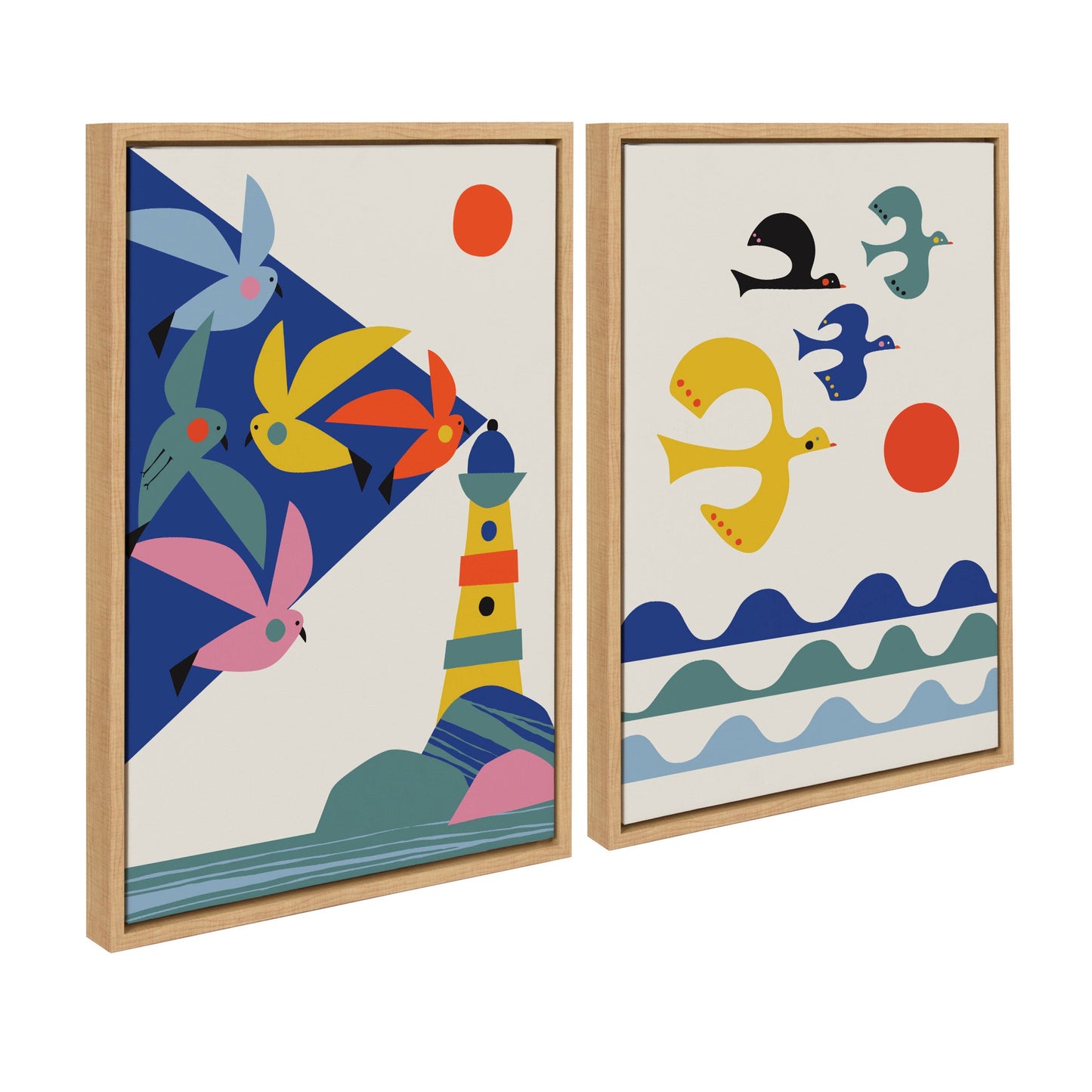 Two colorful abstract art pieces with birds and geometric shapes in wooden frames.