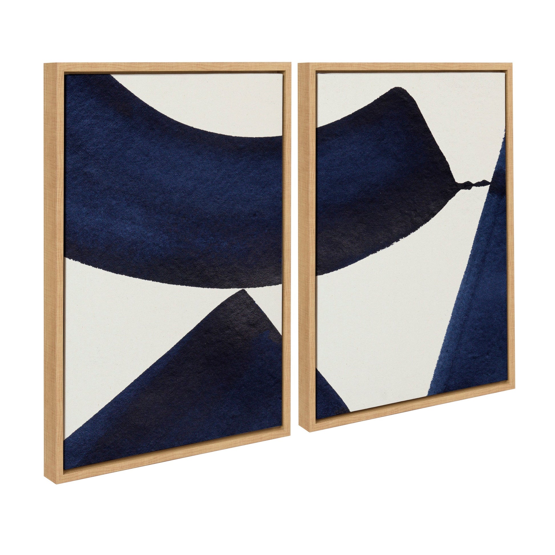 Two abstract art pieces with blue and white shapes in wooden frames on a white background