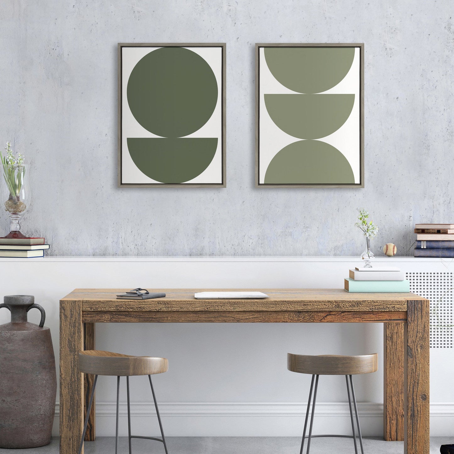 Limited Edition Earthy Boho Geometric 1 Olive Green and Earthy Boho Geometric 2 Sage Green Framed Canvas by The Creative Bunch Studio